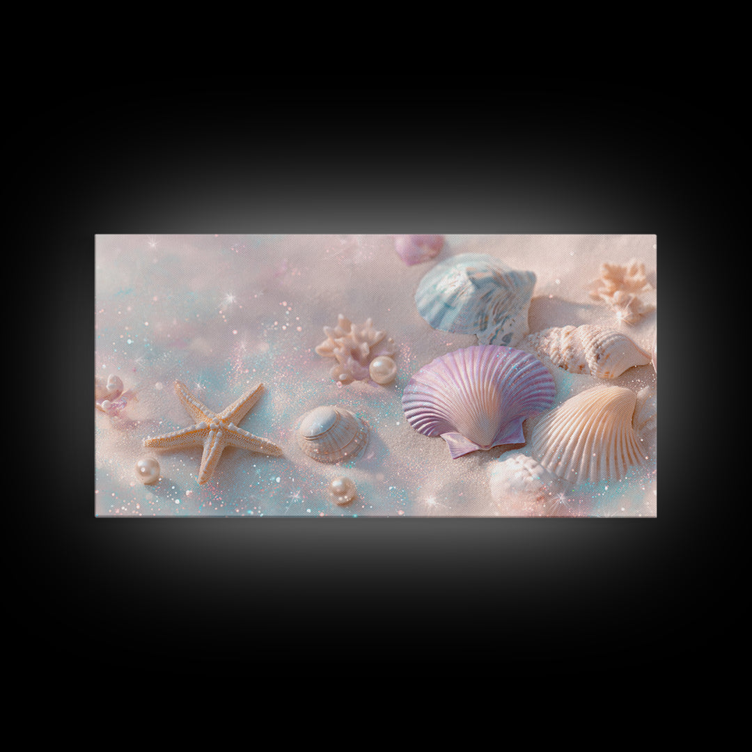 Pastel Seashells And Starfish Canvas Print, Coastal Beach Wall Art, Beach House Decor, Pastel Bathroom Decor, Ocean Nursery Gift For Her
