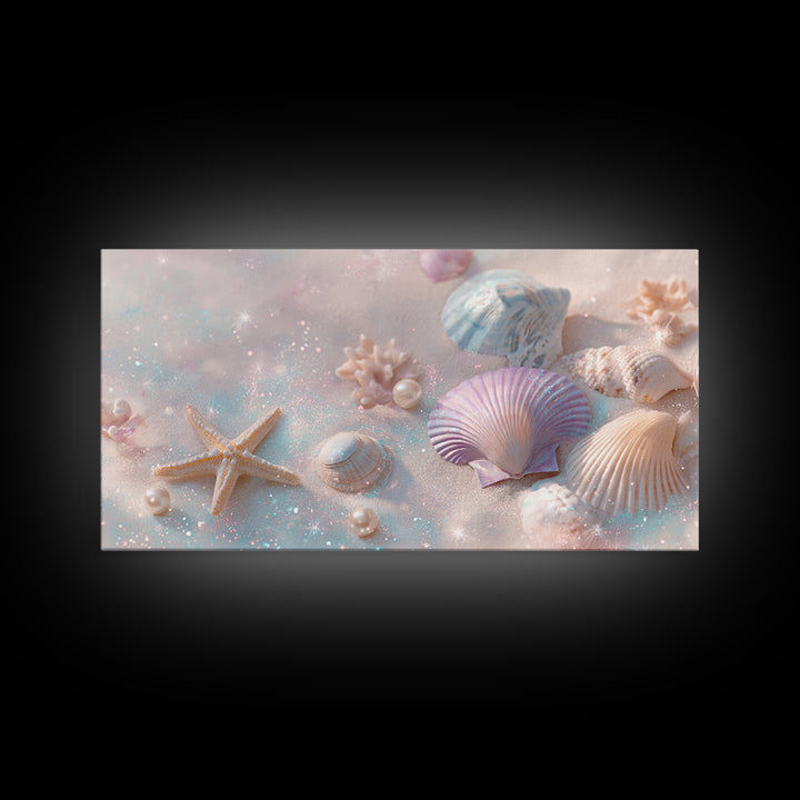 Pastel Seashells And Starfish Canvas Print, Coastal Beach Wall Art, Beach House Decor, Pastel Bathroom Decor, Ocean Nursery Gift For Her