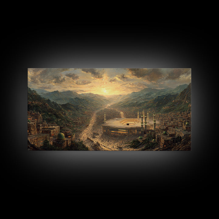 Mecca Sunset Valley And Holy Mosque Canvas Print, Islamic Wall Art, Panoramic Landscape Art For Prayer Room Decor Gift Idea