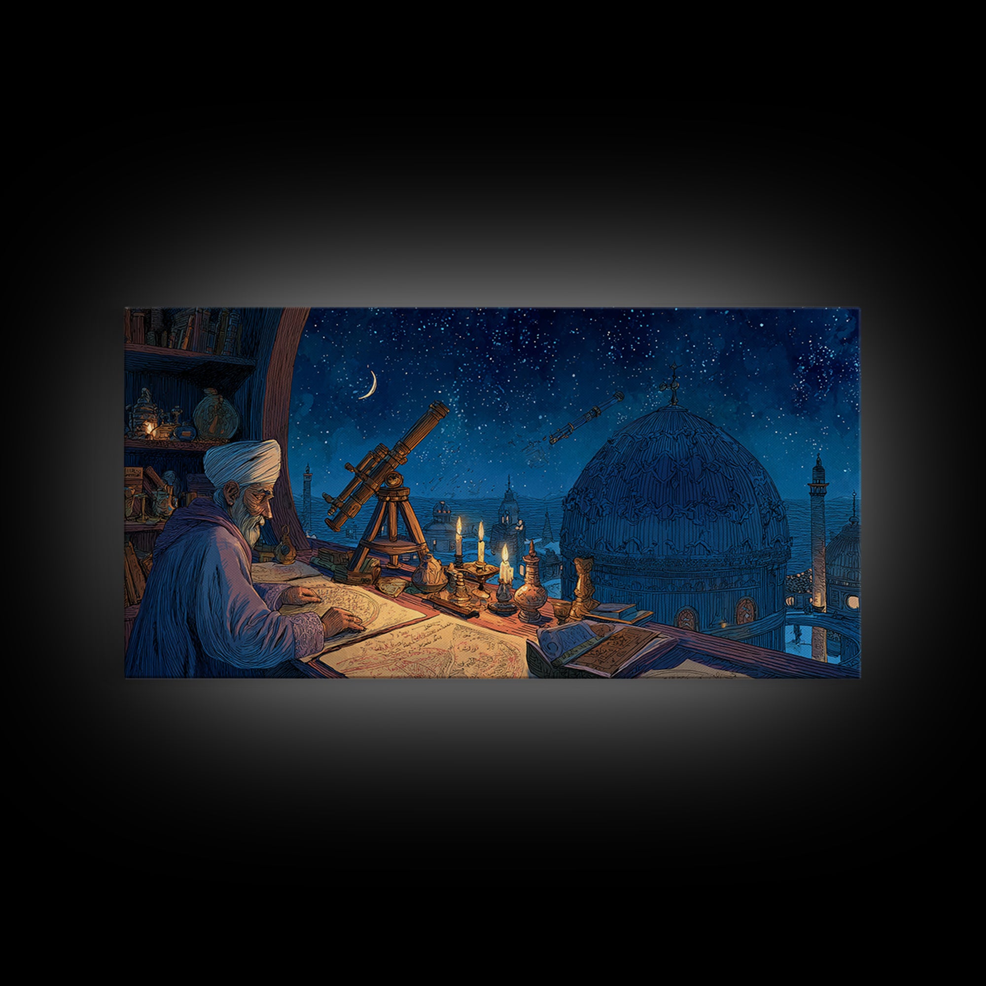 Starlit Astronomer Observatory Canvas Print, Islamic Architecture Wall Decor, Celestial Night Sky Art For Study Room And Office Decor