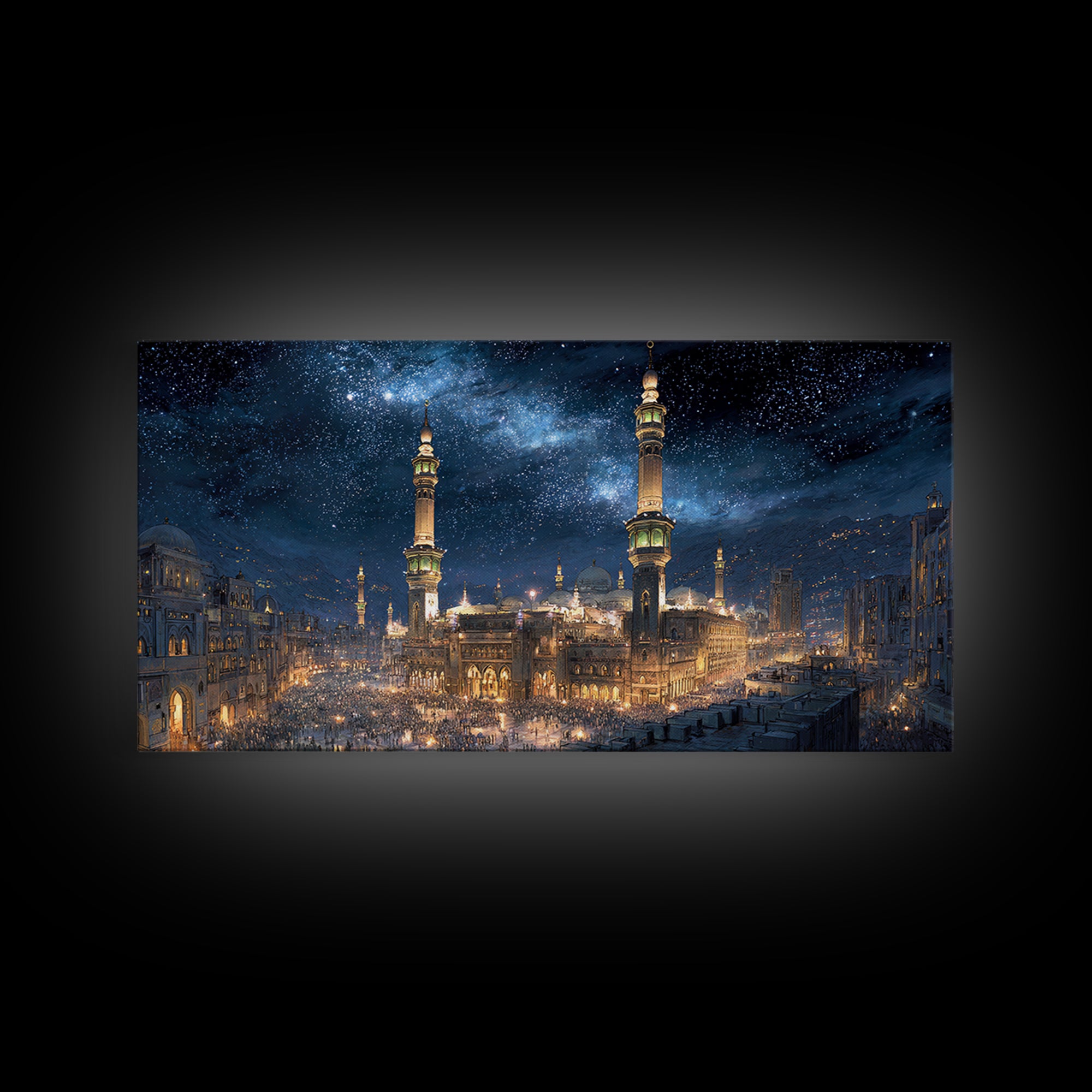 Starry Mecca Minarets At Night Wall Art, Islamic Framed Canvas Print, Celestial City Decor For Prayer Room And Living Room