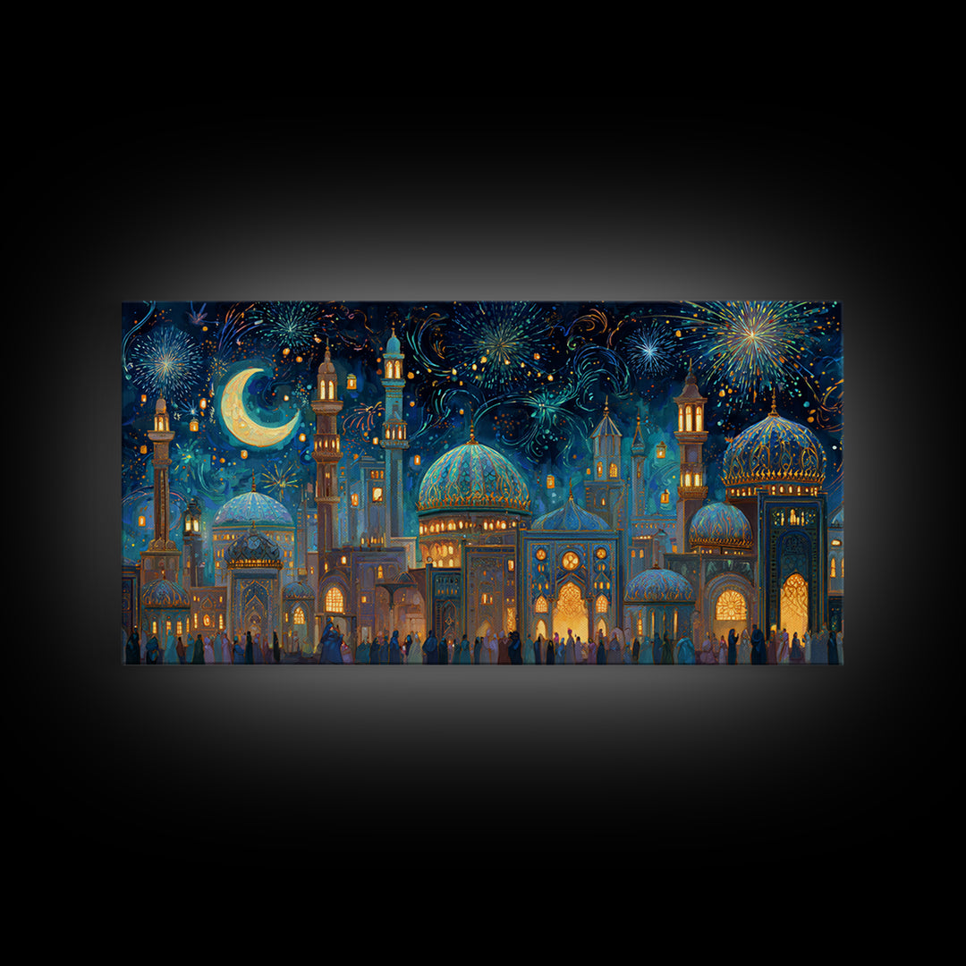 Festive Islamic City With Crescent Moon Framed Canvas Print, Ramadan Wall Art, Moroccan Decor, Eid Gift, Celestial Poster
