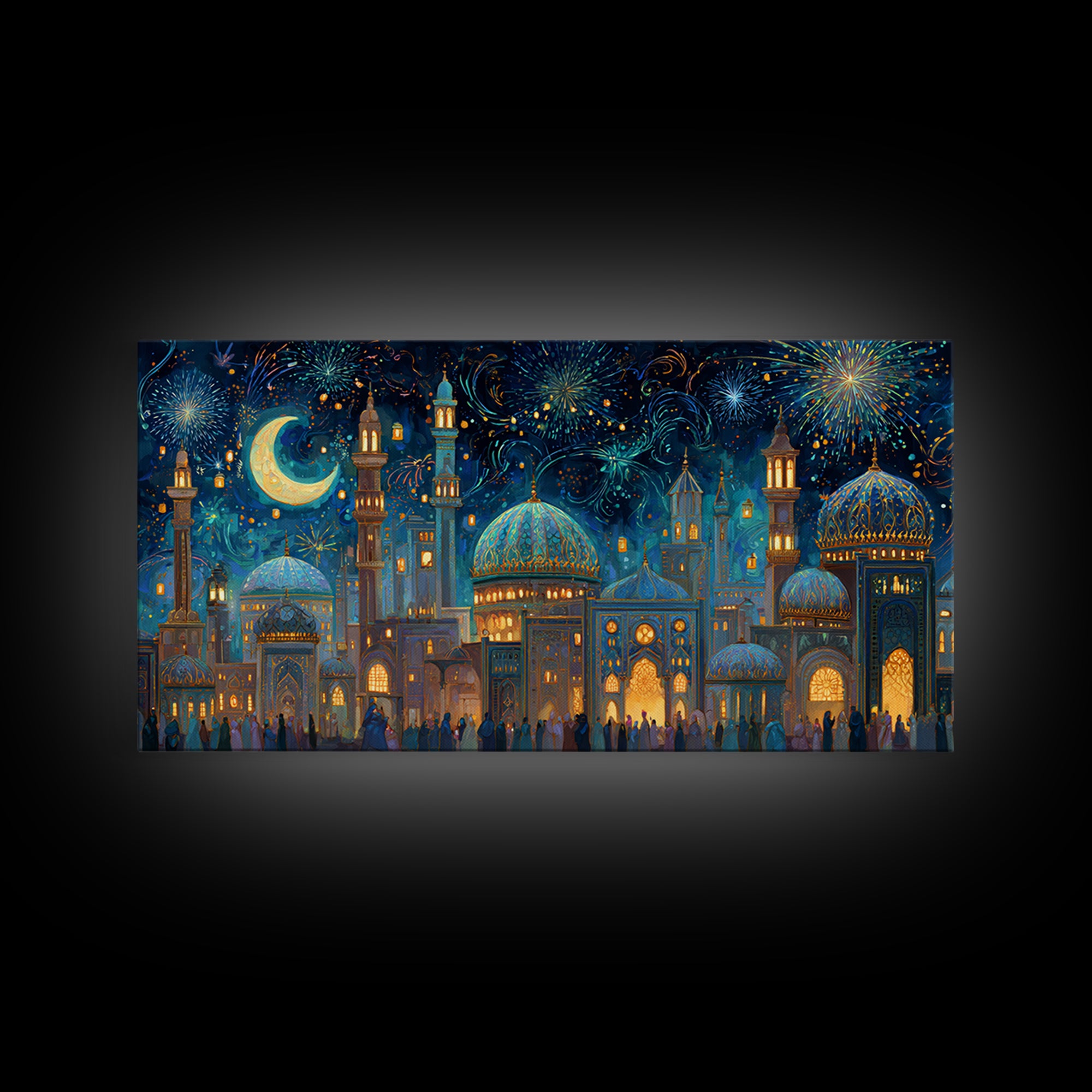Festive Islamic City With Crescent Moon Framed Canvas Print, Ramadan Wall Art, Moroccan Decor, Eid Gift, Celestial Poster