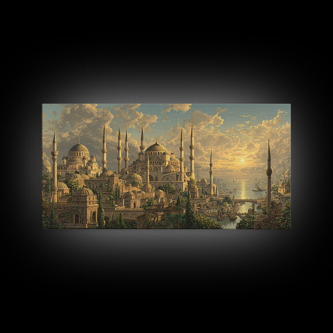 Golden Istanbul Mosque Skyline At Sunset Canvas Print, Islamic Architecture Wall Art, Travel Poster, Elegant Home Decor Gift
