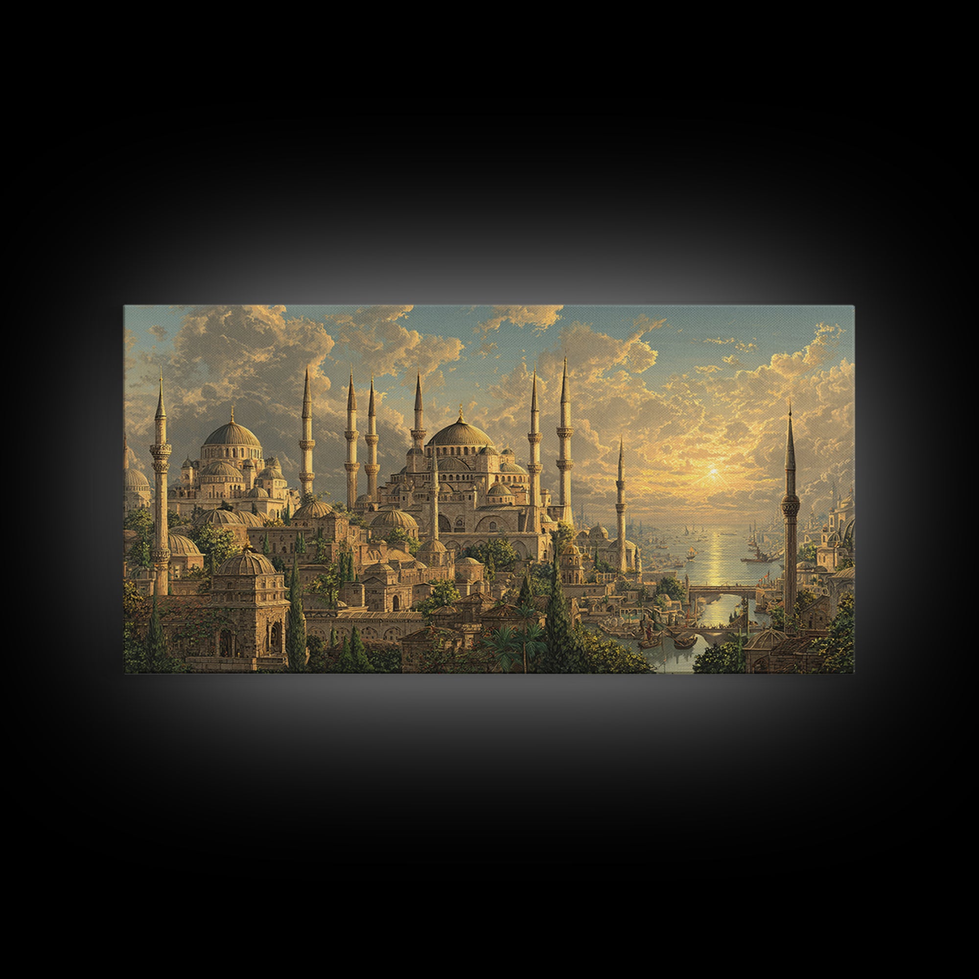 Golden Istanbul Mosque Skyline At Sunset Canvas Print, Islamic Architecture Wall Art, Travel Poster, Elegant Home Decor Gift
