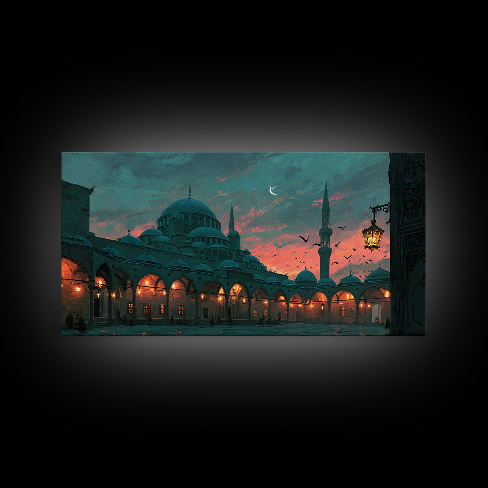Twilight Mosque Courtyard Framed Canvas Print, Islamic Architecture Wall Art, Istanbul Travel Poster And Prayer Room Decor