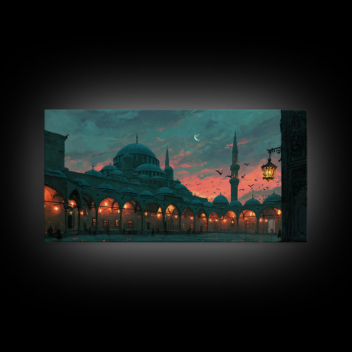 Twilight Mosque Courtyard Framed Canvas Print, Islamic Architecture Wall Art, Istanbul Travel Poster And Prayer Room Decor