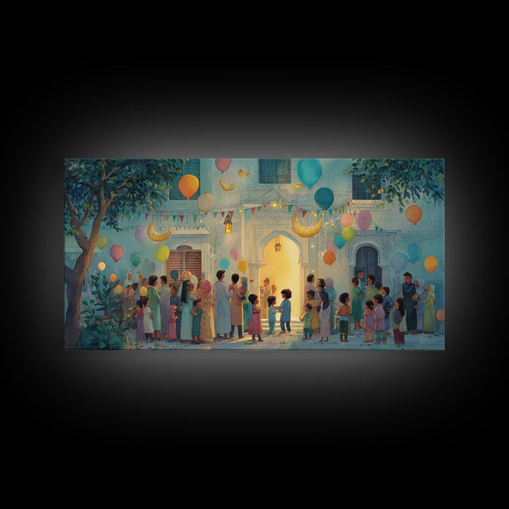Ramadan Courtyard Celebration With Balloons Wall Art, Islamic Home Decor, Family Gathering Print, Eid Housewarming Gift Idea