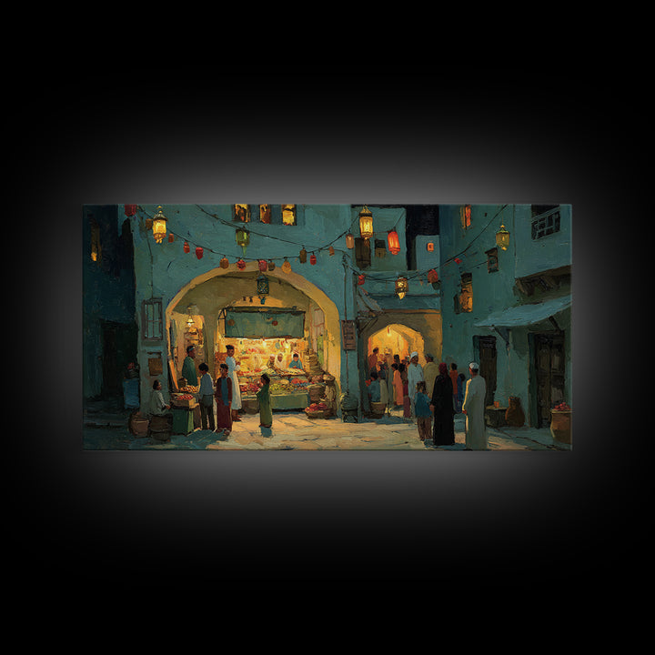 Middle Eastern Night Bazaar Wall Art, Glowing Shopfront Alley Scene, Moroccan Decor, Islamic Home Decor, Housewarming Gift