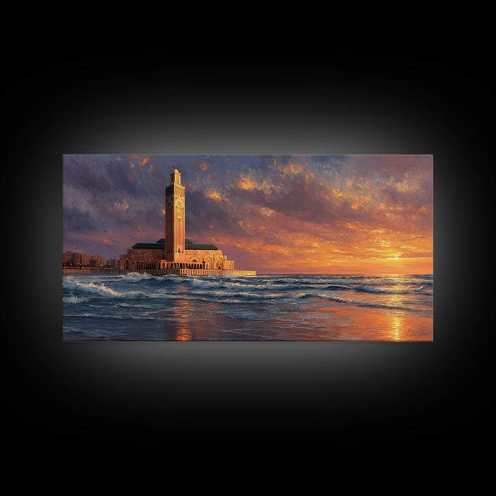 Casablanca Mosque Sunset Wall Art, Moroccan Coastal Seascape Canvas Print, Islamic Architecture, Ocean Decor For Living Room