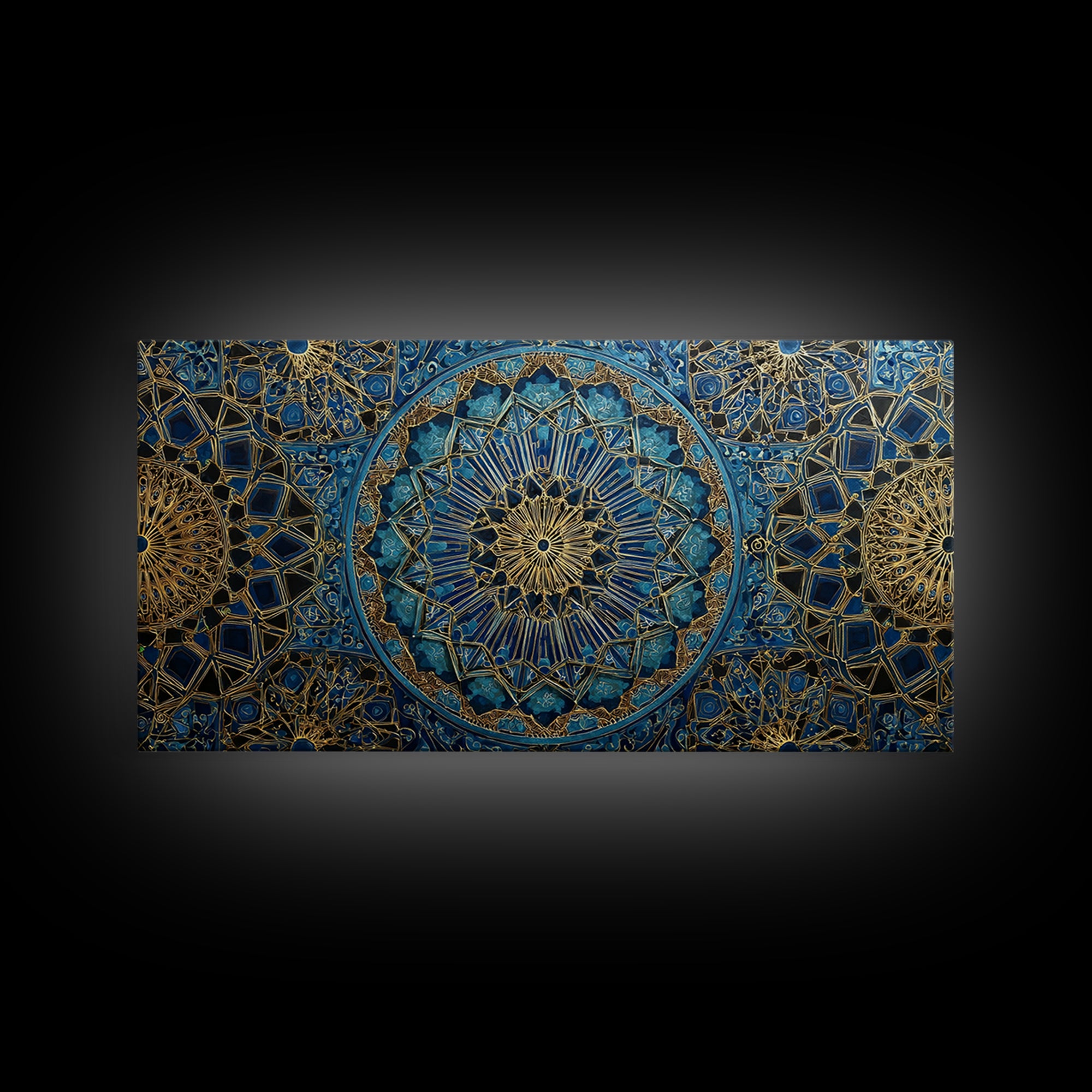 Blue Gold Islamic Geometric Wall Art, Moroccan Mosaic Canvas Print, Sacred Geometry Decor, Luxury Prayer Room Wall Decor