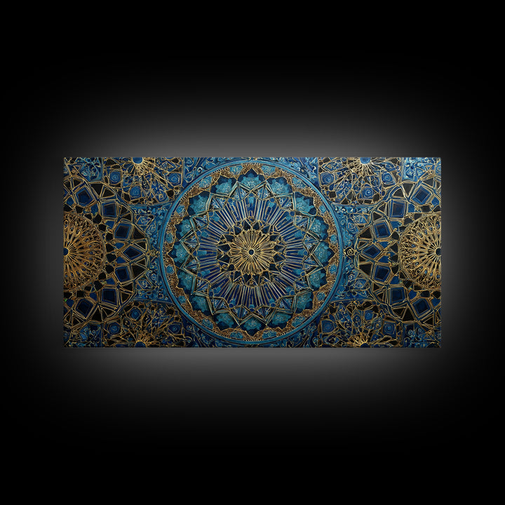Blue Gold Islamic Geometric Wall Art, Moroccan Mosaic Canvas Print, Sacred Geometry Decor, Luxury Prayer Room Wall Decor