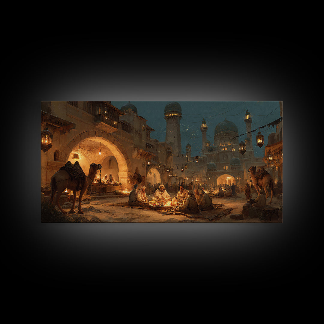 Arabian Night Market With Camels Wall Art, Middle Eastern Cityscape Canvas Print, Warm Lantern Decor, Travel Gift For Living Room