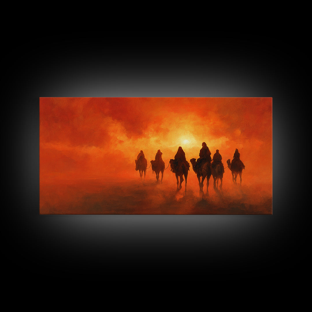 Desert Riders At Blazing Sunset Framed Canvas Print, Western Wall Art, Cowboy Landscape For Rustic Southwestern Home Decor Gift