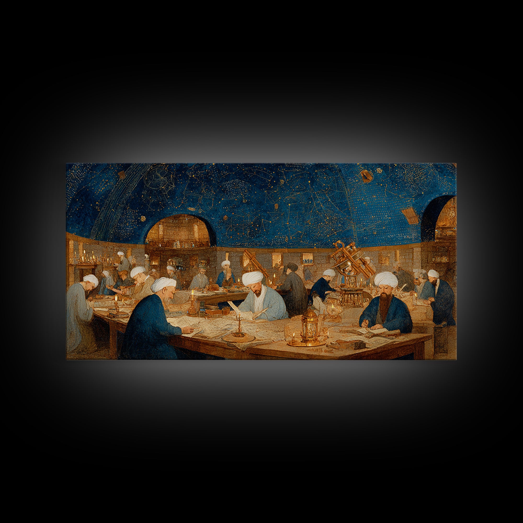 Starlit Islamic Observatory Wall Art, Scholars And Astrolabe Canvas, Arabic Astronomy Decor, Dark Academia Art Print Gift