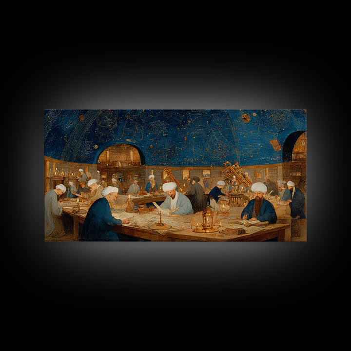 Starlit Islamic Observatory Wall Art, Scholars And Astrolabe Canvas, Arabic Astronomy Decor, Dark Academia Art Print Gift