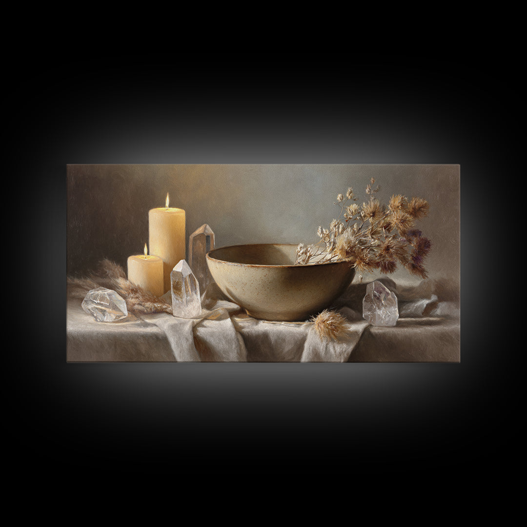 Candles Crystals And Ceramic Bowl Wall Art, Zen Spa Canvas Print, Neutral Still Life Decor, Meditation Room Housewarming Gift