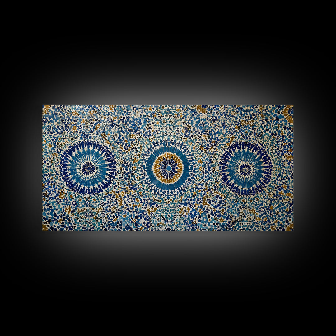 Blue Moroccan Geometric Mosaic Wall Art, Islamic Tile Pattern Canvas Print, Mediterranean Decor, Boho Home Accent Gift Idea