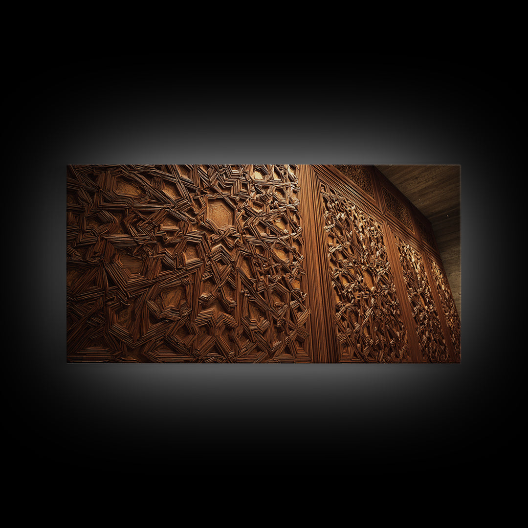Ornate Islamic Geometric Wood Panel Framed Canvas Print, Moroccan Wall Art, Arabesque Pattern, Warm Rustic Home Decor Gift