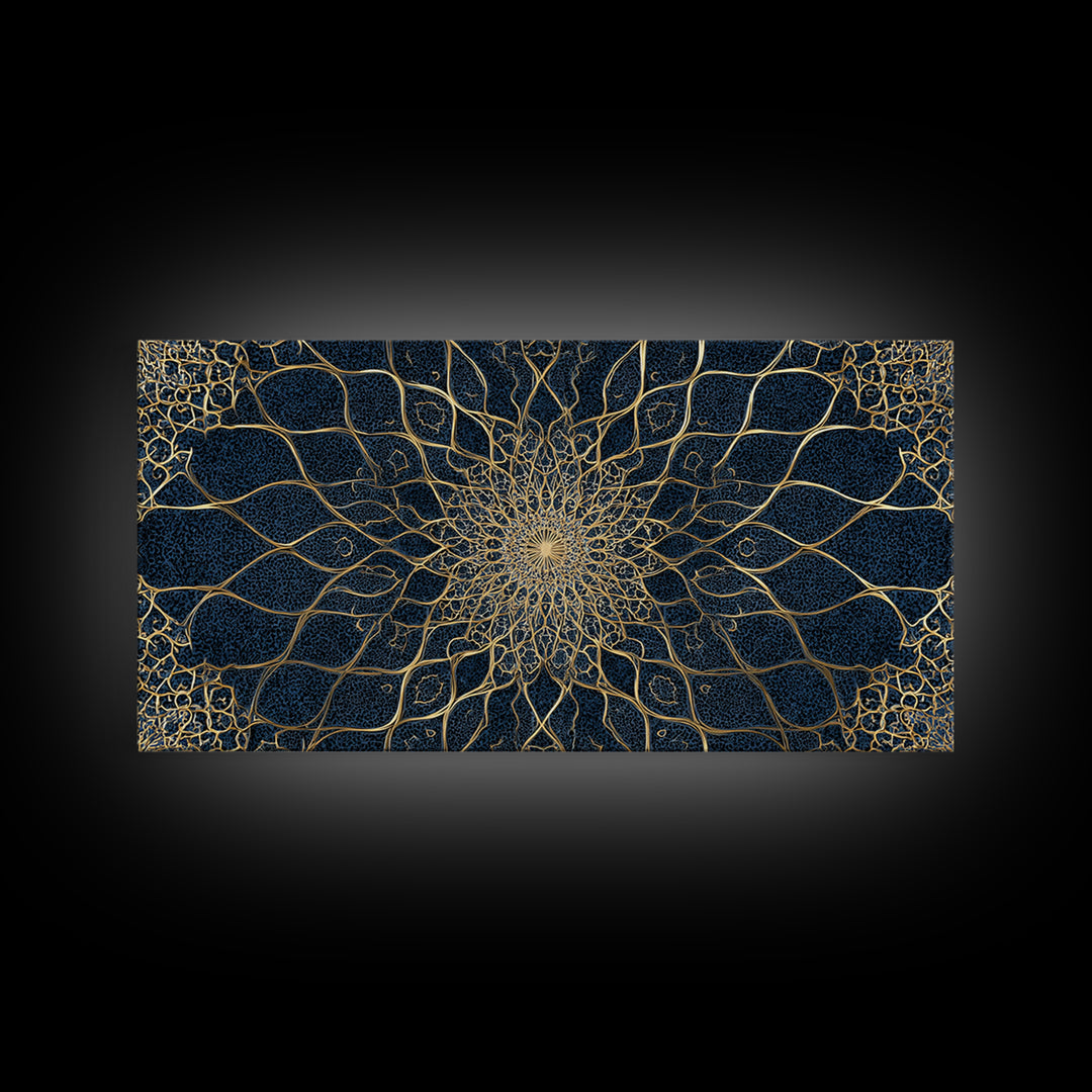 Navy Gold Sacred Geometry Mandala Wall Art, Mystical Spiritual Canvas Wall Art For Meditation Room Decor And Modern Home Decor