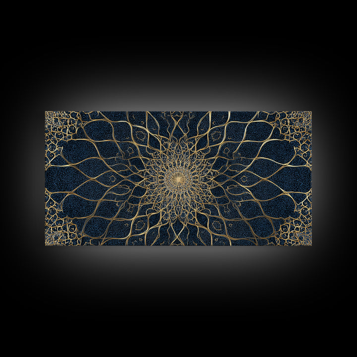 Navy Gold Sacred Geometry Mandala Wall Art, Mystical Spiritual Canvas Wall Art For Meditation Room Decor And Modern Home Decor