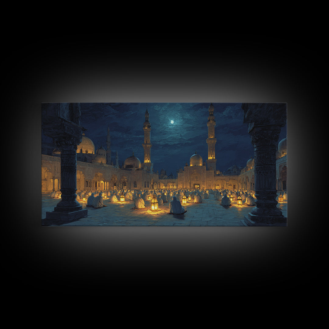 Moonlit Mosque Courtyard With Lanterns Canvas Print, Islamic Wall Art, Prayer Room Decor And Ramadan Gift Idea For Serene Home Decor