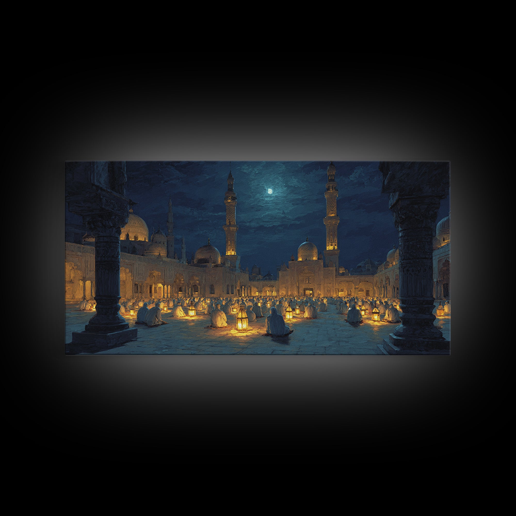 Moonlit Mosque Courtyard With Lanterns Canvas Print, Islamic Wall Art, Prayer Room Decor And Ramadan Gift Idea For Serene Home Decor