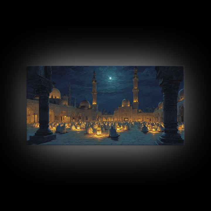 Moonlit Mosque Courtyard With Lanterns Canvas Print, Islamic Wall Art, Prayer Room Decor And Ramadan Gift Idea For Serene Home Decor