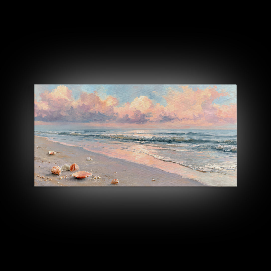 Pastel Ocean Beach Seascape Canvas Print, Coastal Wall Art, Shells And Waves Decor, Beach House Living Room Wall Decor, Gift For Her