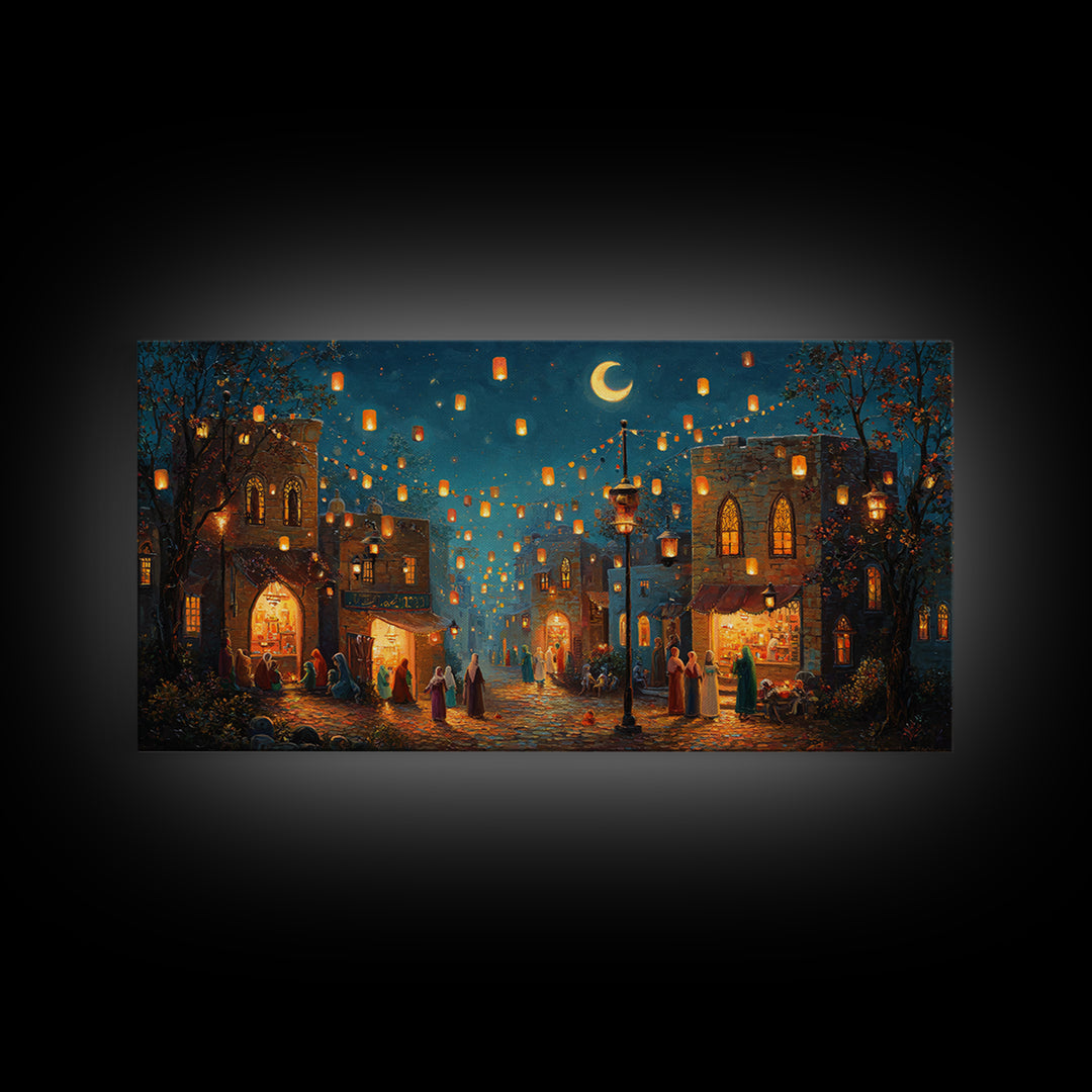 Lantern Lit Old City Bazaar Canvas Print, Crescent Moon Islamic Wall Art, Moroccan Night Market Decor And Ramadan Gift For Home Decor