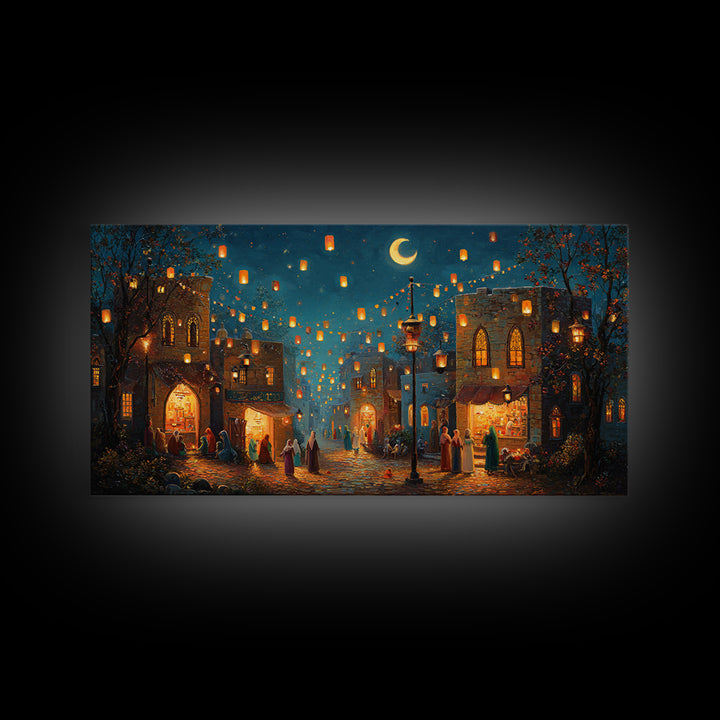 Lantern Lit Old City Bazaar Canvas Print, Crescent Moon Islamic Wall Art, Moroccan Night Market Decor And Ramadan Gift For Home Decor