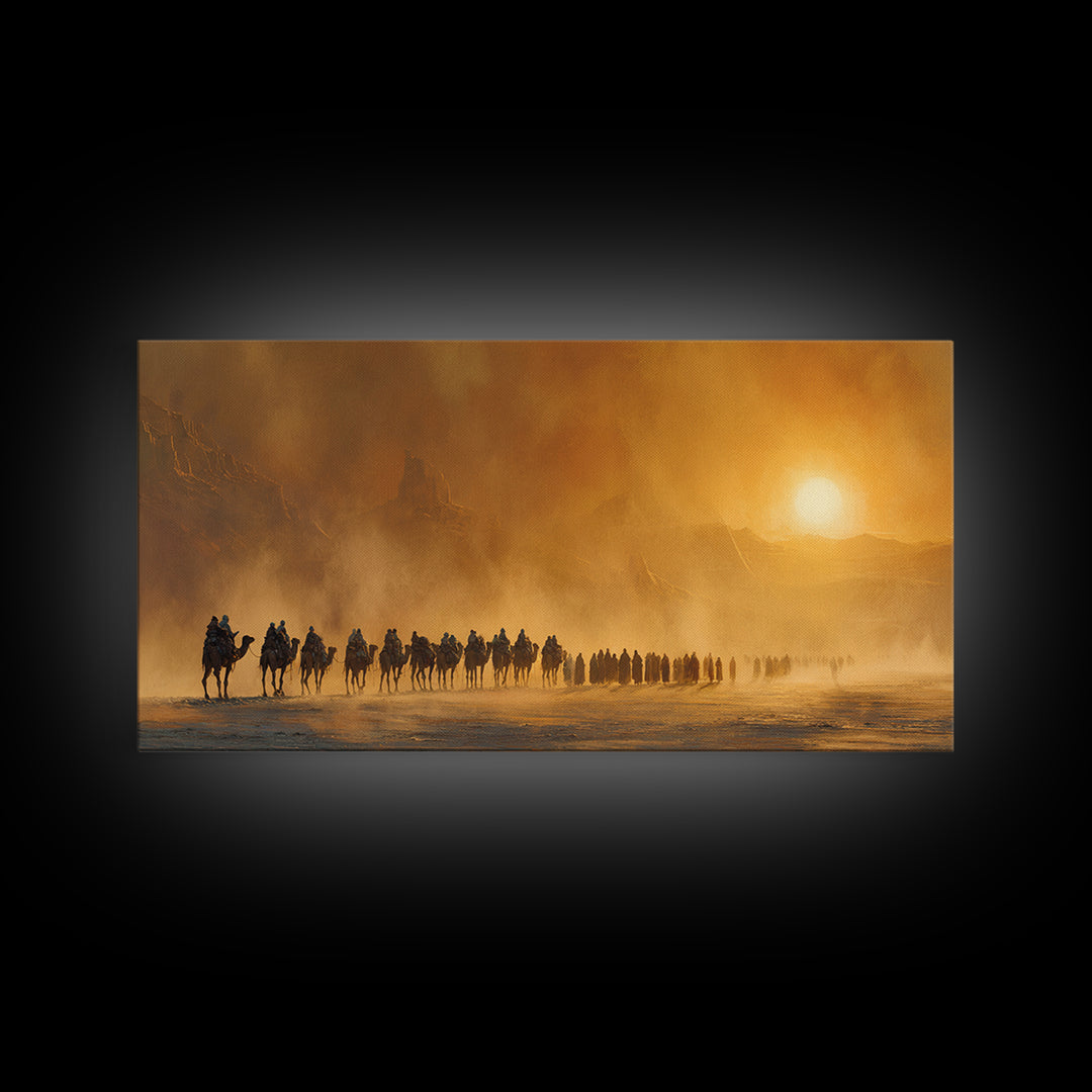 Desert Caravan At Golden Sunset Canvas Print, Western Wall Art, Southwestern Decor, Travel Poster, Warm Earth Tone Decor