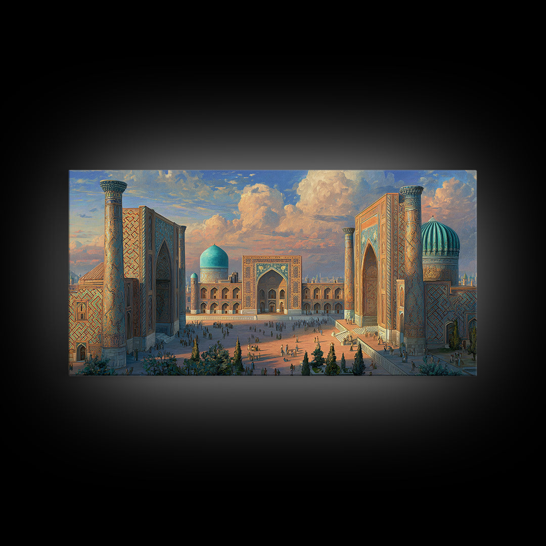 Samarkand Blue Dome Architecture Framed Canvas Print, Islamic Wall Art, Silk Road Travel Poster Home Decor Gift Idea For Him