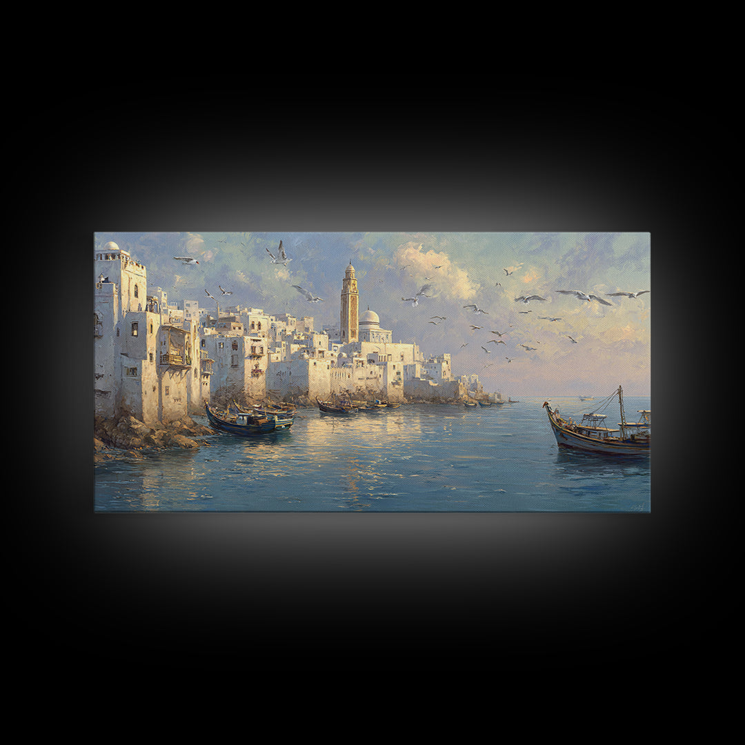 White Mediterranean Harbor With Boats And Seagulls Canvas Print, Coastal Wall Art, Italy Travel Poster, Living Room Decor