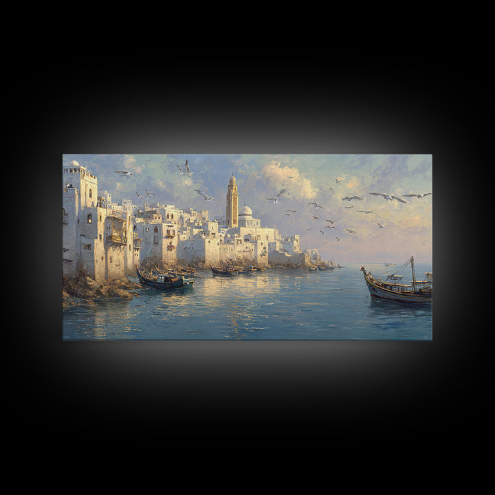 White Mediterranean Harbor With Boats And Seagulls Canvas Print, Coastal Wall Art, Italy Travel Poster, Living Room Decor
