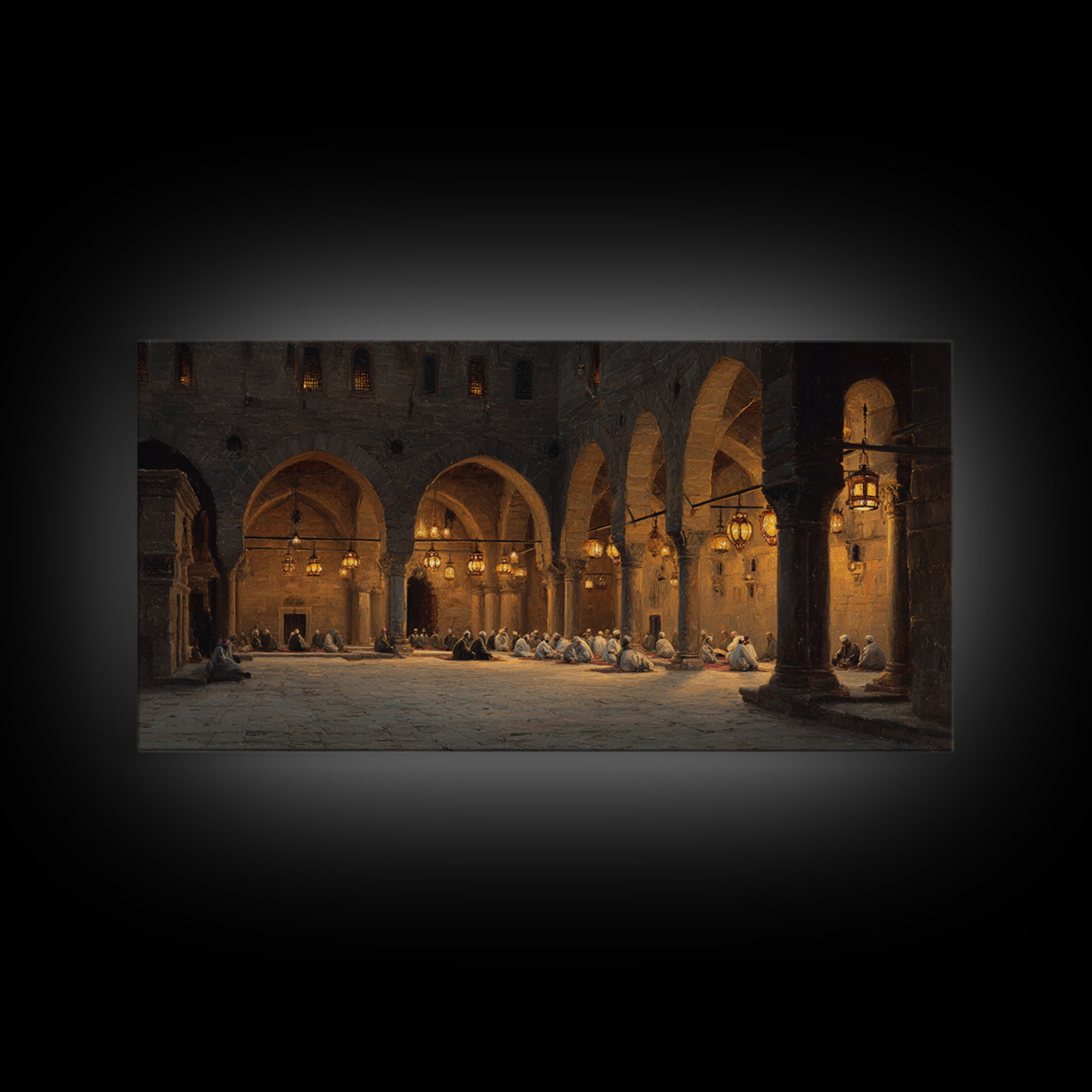 Candlelit Stone Arcade Prayer Scene Wall Art, Islamic Architecture Print, Moody Historic Decor, Large Framed Canvas, Living Room Decor