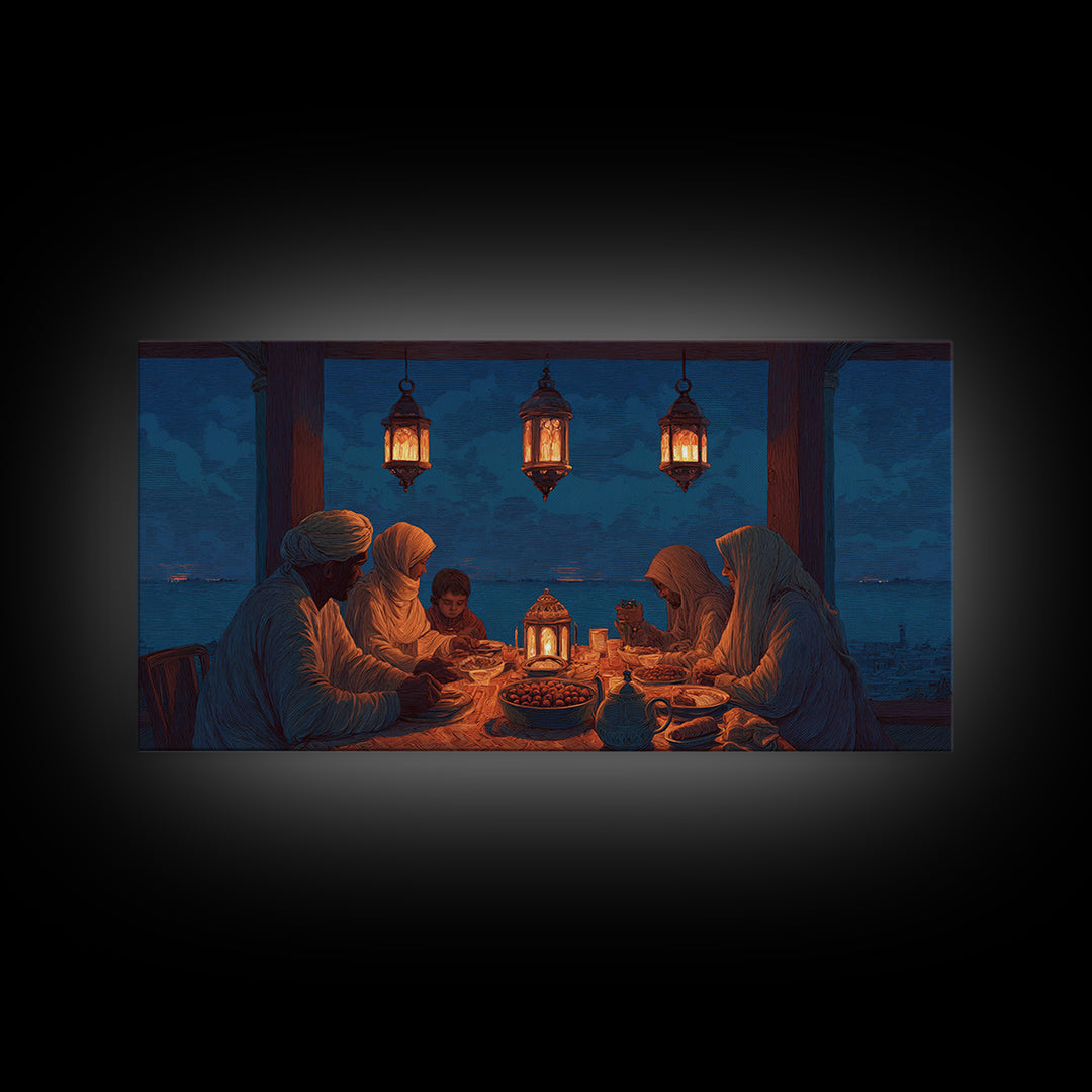 Ramadan Family Iftar By Lantern Light Wall Art, Islamic Canvas Print, Warm Spiritual Decor For Dining Room And Home, Prayer Room