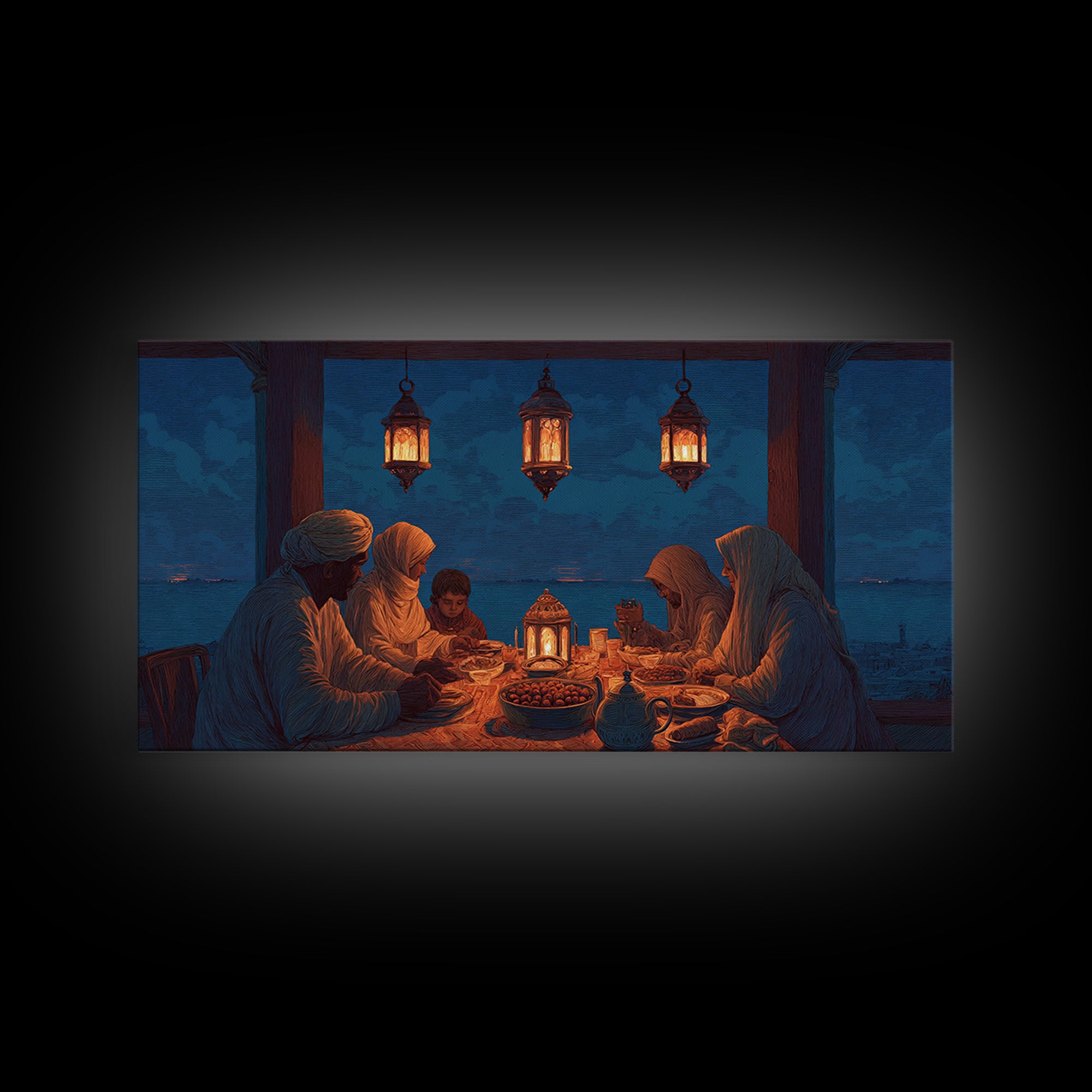 Ramadan Family Iftar By Lantern Light Wall Art, Islamic Canvas Print, Warm Spiritual Decor For Dining Room And Home, Prayer Room