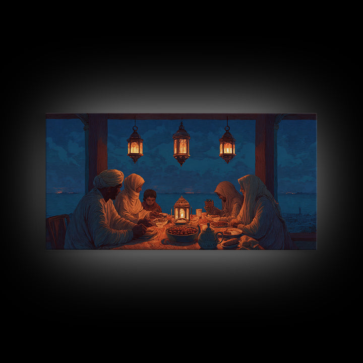Ramadan Family Iftar By Lantern Light Wall Art, Islamic Canvas Print, Warm Spiritual Decor For Dining Room And Home, Prayer Room