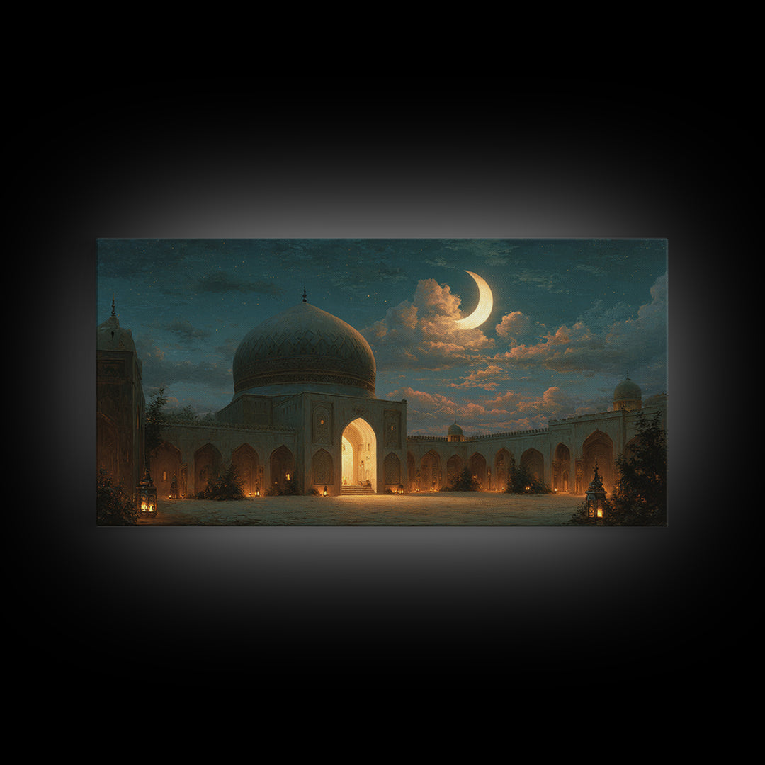 Crescent Moon Mosque Courtyard Framed Canvas Print, Islamic Wall Art, Ramadan Decor, Arabic Architecture Gift For Prayer Room Decor