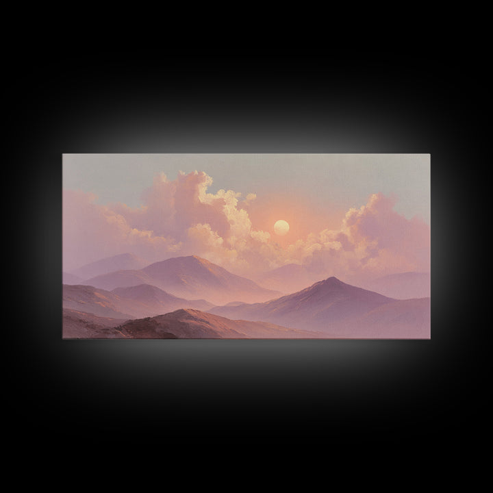 Misty Pink Mountain Sunset Wall Art, Pastel Landscape Canvas Print, Serene Nature Decor, Bedroom Above Bed Calming Wall Art