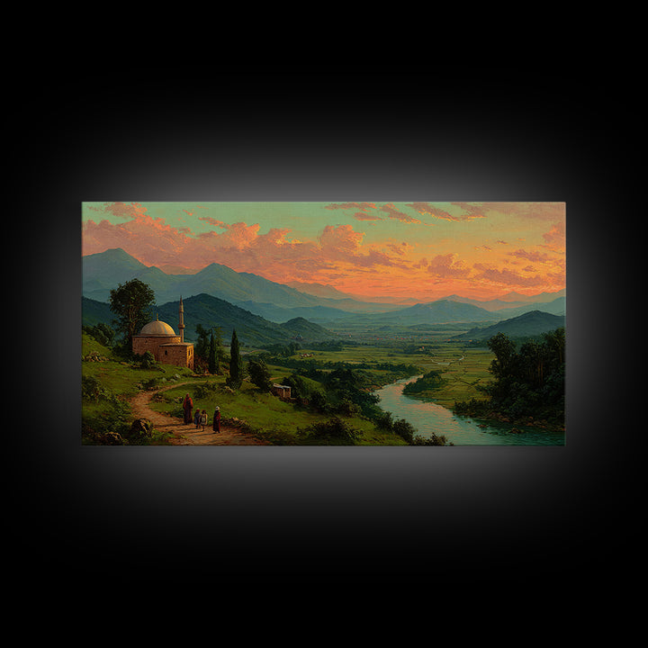 Mountain Valley Mosque At Golden Sunset Canvas Print, Panoramic Landscape Wall Art, Rustic Home Decor, Travel Poster, Fine Art Print