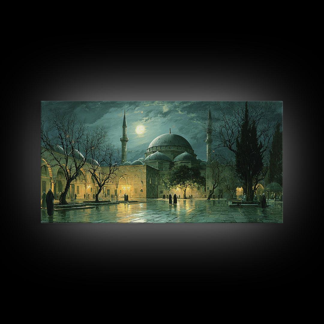 Moonlit Ottoman Mosque Wall Art, Islamic Architecture Canvas Print, Istanbul Landscape, Ramadan Decor, Elegant Home Decor