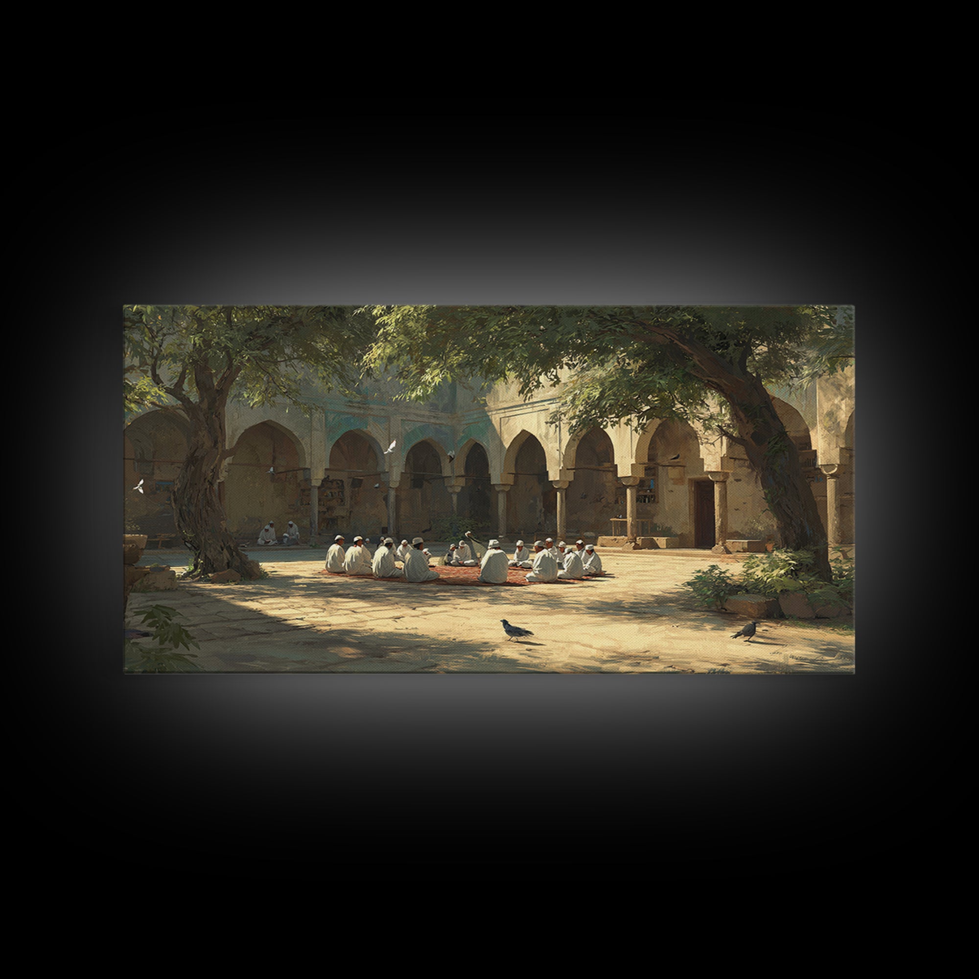 Sunlit Madrasa Courtyard Wall Art, Islamic Architecture Canvas Print, Peaceful Meditation Room Decor, Serene Travel Poster