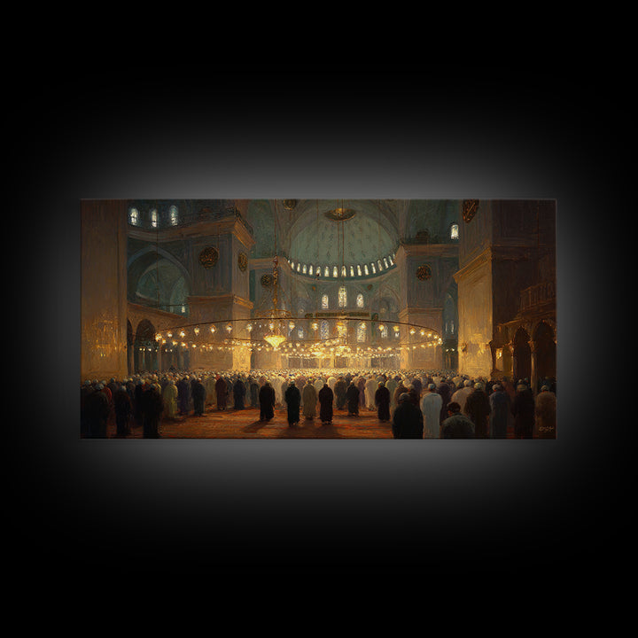 Golden Mosque Prayer Hall Interior Wall Art, Islamic Architecture Framed Canvas Print, Spiritual Decor, Eid Gift For Home