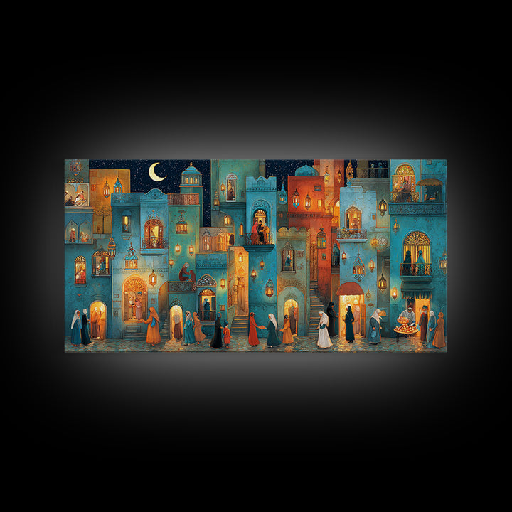 Moonlit Middle Eastern City Wall Art, Ramadan Night Canvas Print, Moroccan Decor, Islamic Home Decor, Housewarming New Home Gift