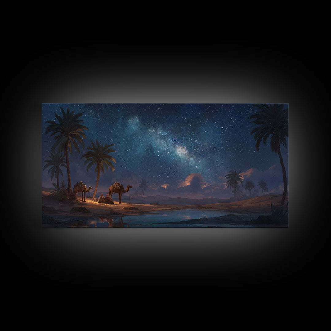 Starry Desert Oasis With Camels Wall Art, Celestial Landscape Canvas Print, Boho Travel Decor, Night Sky Gift For Him, Large Wall Decor