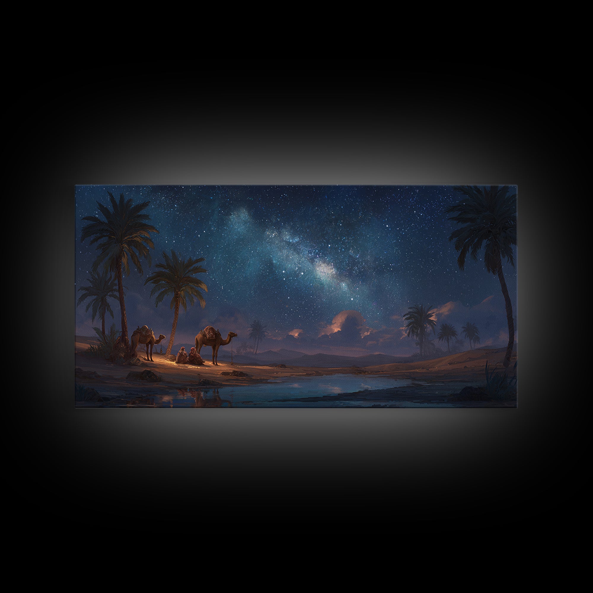 Starry Desert Oasis With Camels Wall Art, Celestial Landscape Canvas Print, Boho Travel Decor, Night Sky Gift For Him, Large Wall Decor