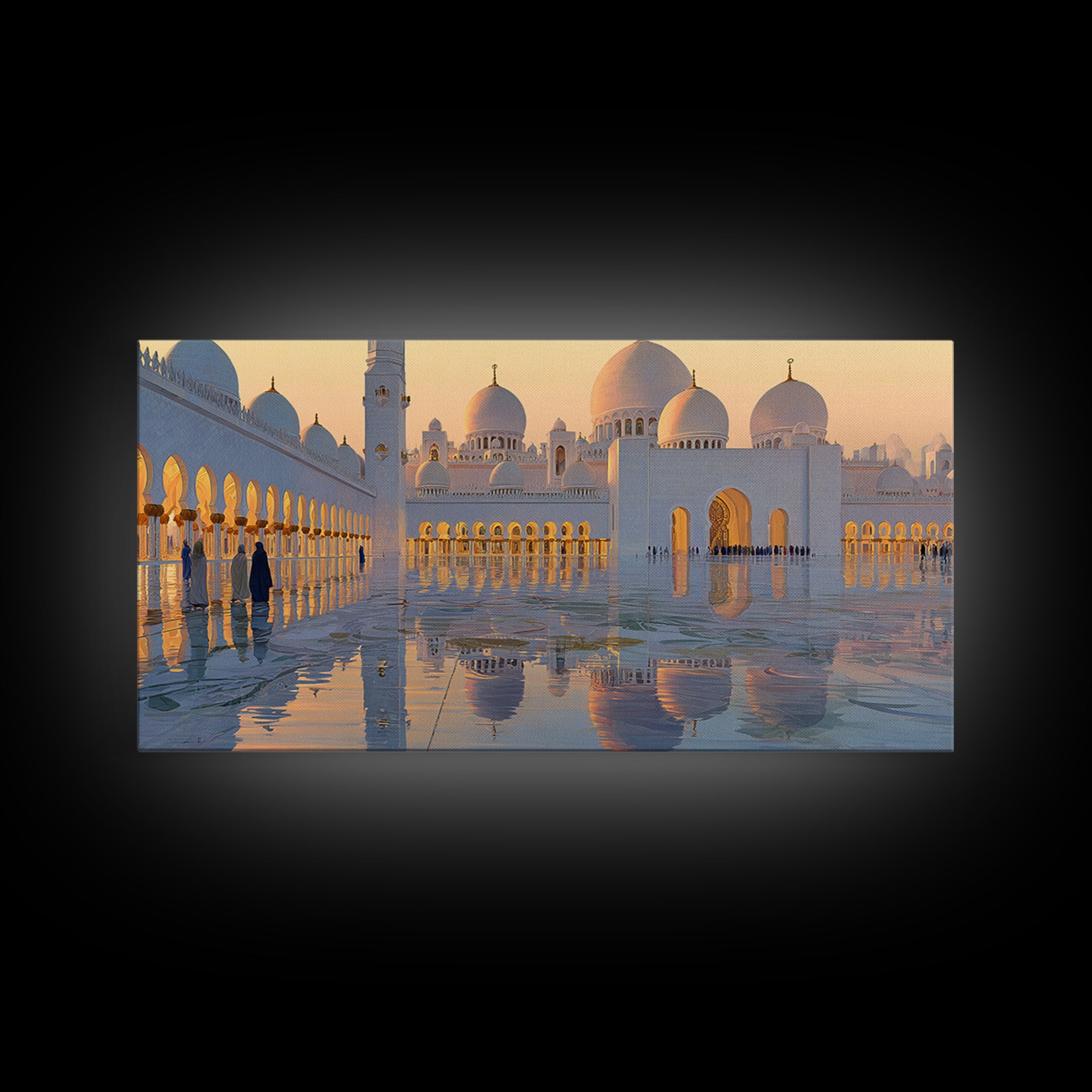 Golden Mosque Reflections Wall Art, Islamic Framed Canvas Print, Serene Architecture Decor For Prayer Room And Home, Office Decor