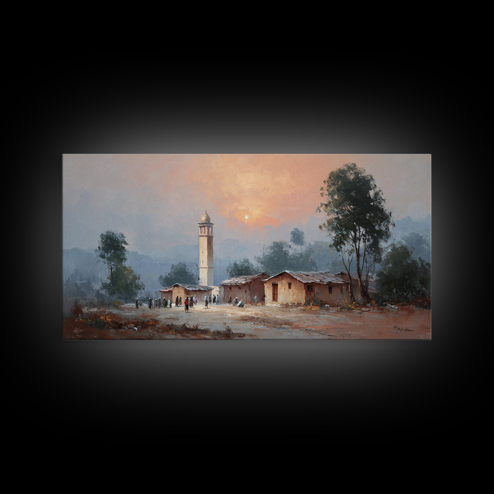 Sunset Mosque Village And Misty Rural Landscape Canvas Print, Country Wall Art, Rustic Home Decor, Housewarming Gift, Fine Art Print